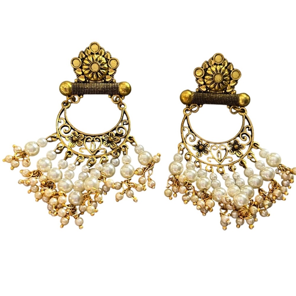 Boho Gold Tone Faux Pearl Chandelier Festival Statement Earrings